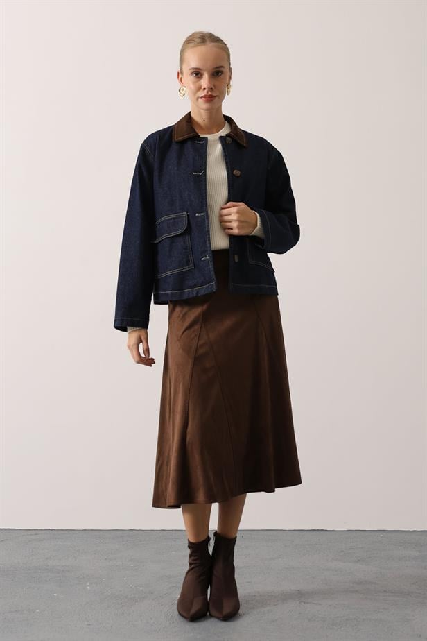 RYN YAKASI KONTRAST DENİM OVERSİZE CEKET - Lacivert - Tejupilco