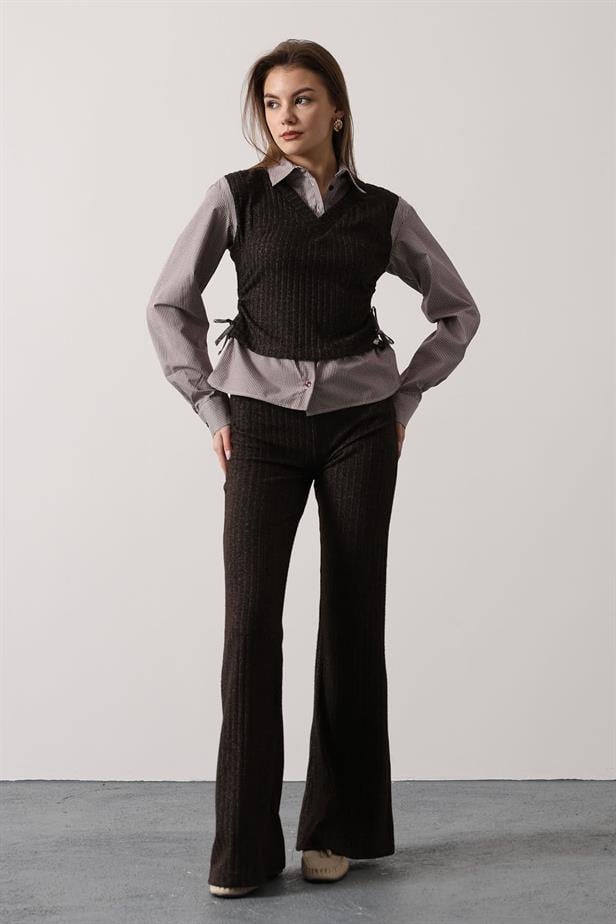 RYN YANI BÜZMELİ GÖMLEK DETAYLI TAKIM - Açık Kahve - Manchester