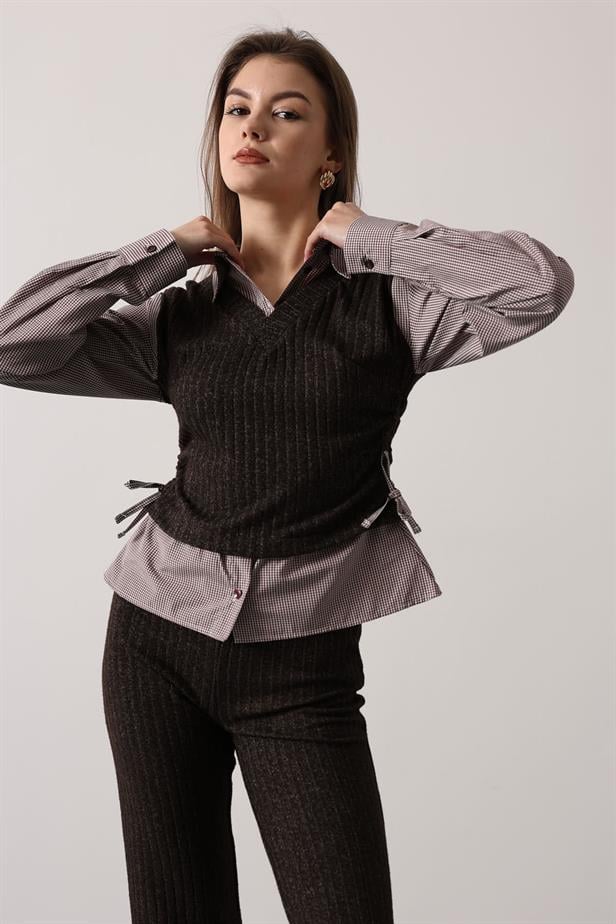 RYN YANI BÜZMELİ GÖMLEK DETAYLI TAKIM - Açık Kahve - Manchester