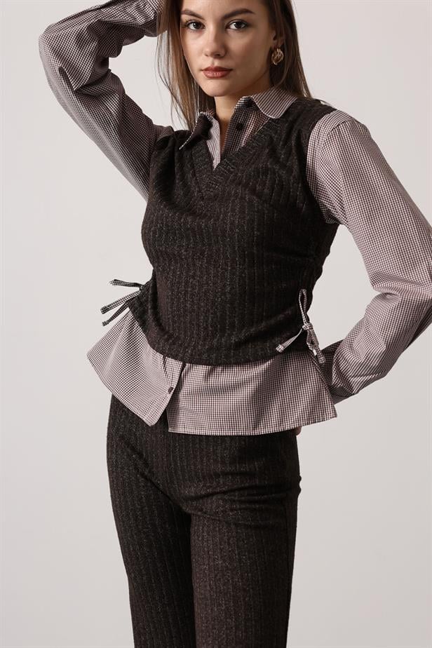 RYN YANI BÜZMELİ GÖMLEK DETAYLI TAKIM - Açık Kahve - Manchester