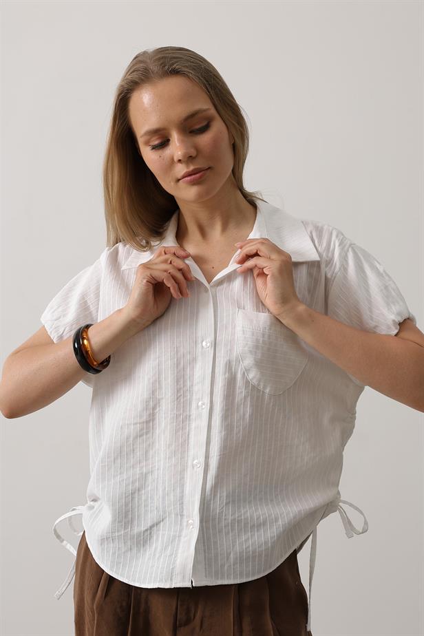 RYN Short Puff Sleeve Blouse with Shirred Sides - White - Auckland