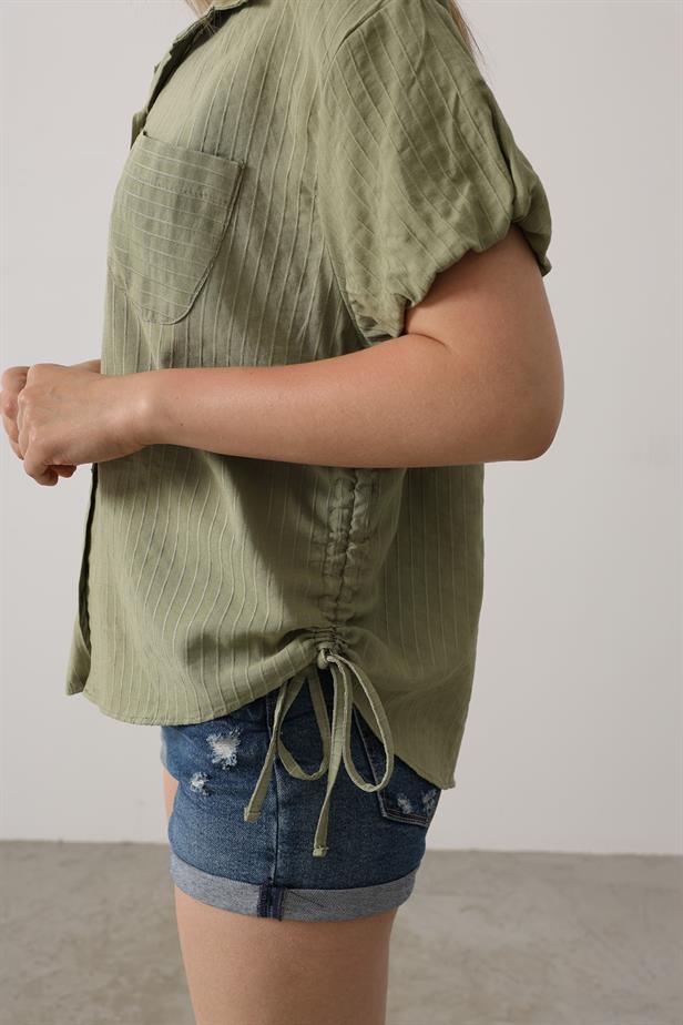 RYN Short Puff Sleeve Shirt with Shirred Sides - Khaki - Vila Verde