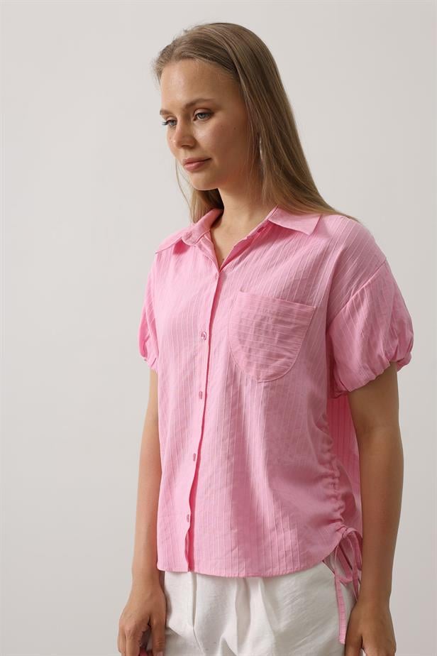 RYN Short Puff Sleeve Shirt with Shirred Sides - Pink - Land O Lakes