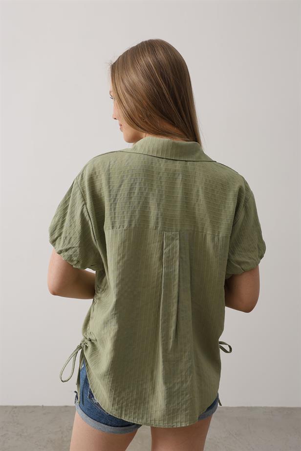 RYN Short Puff Sleeve Shirt with Shirred Sides - Khaki - Vila Verde