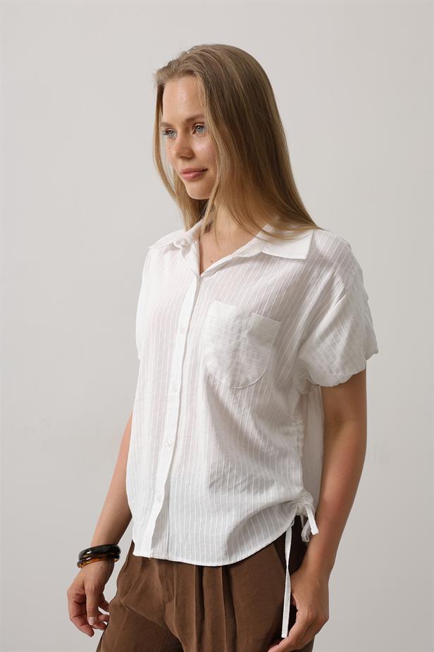 RYN Short Puff Sleeve Blouse with Shirred Sides - White - Auckland