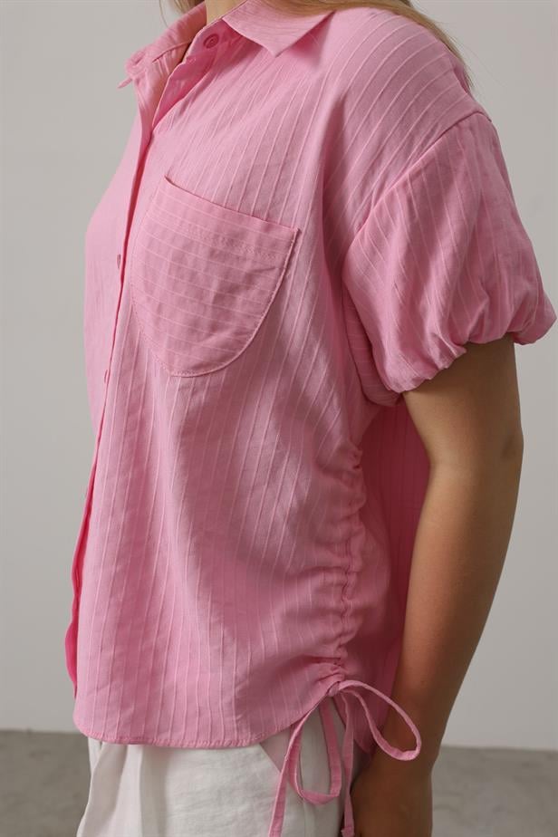 RYN Short Puff Sleeve Shirt with Shirred Sides - Pink - Land O Lakes