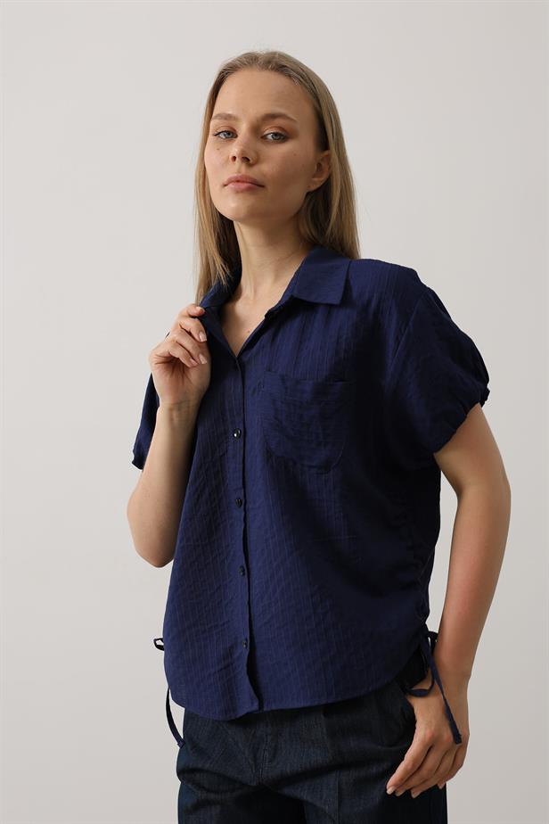 RYN Short Puff Sleeve Blouse with Shirred Sides - Navy Blue - Severna Park