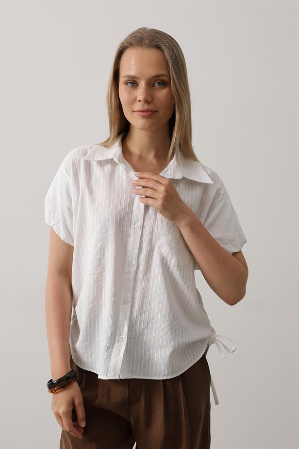 RYN Short Puff Sleeve Blouse with Shirred Sides - White - Auckland