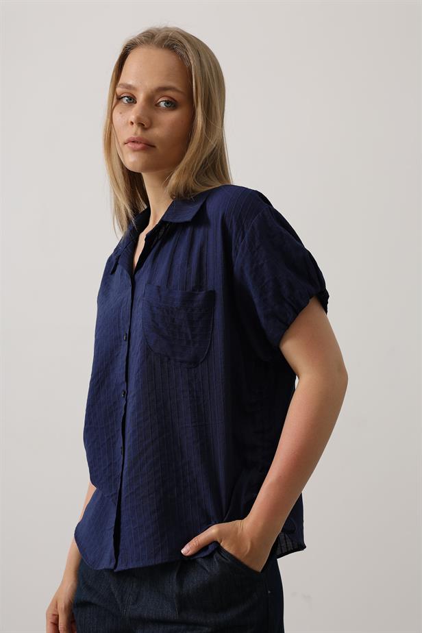 RYN Short Puff Sleeve Blouse with Shirred Sides - Navy Blue - Severna Park