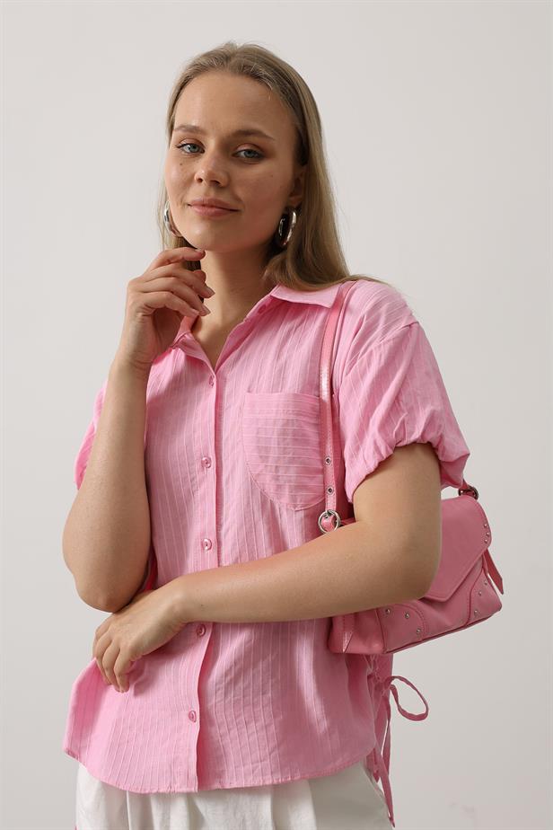 RYN Short Puff Sleeve Shirt with Shirred Sides - Pink - Land O Lakes