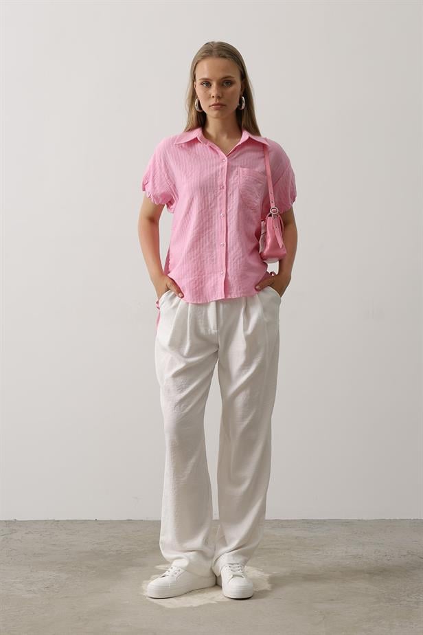 RYN Short Puff Sleeve Shirt with Shirred Sides - Pink - Land O Lakes