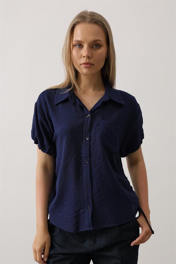 RYN Short Puff Sleeve Blouse with Shirred Sides - Navy Blue - Severna Park