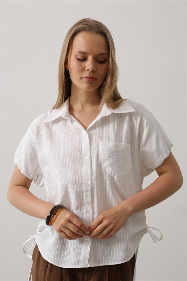 RYN Short Puff Sleeve Blouse with Shirred Sides - White - Auckland
