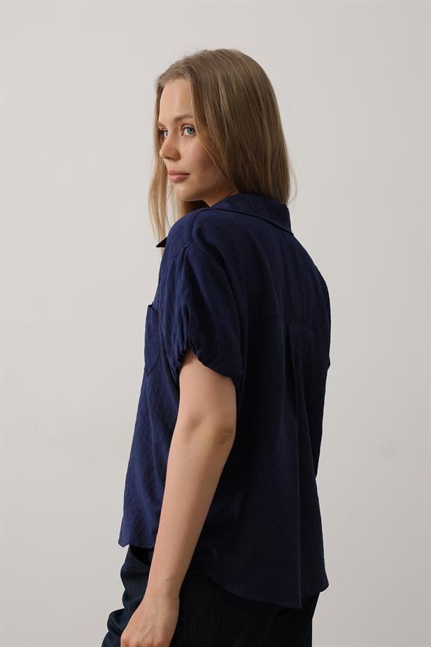 RYN Short Puff Sleeve Blouse with Shirred Sides - Navy Blue - Severna Park