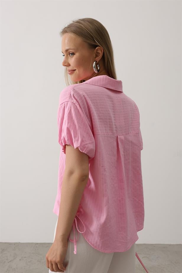 RYN Short Puff Sleeve Shirt with Shirred Sides - Pink - Land O Lakes