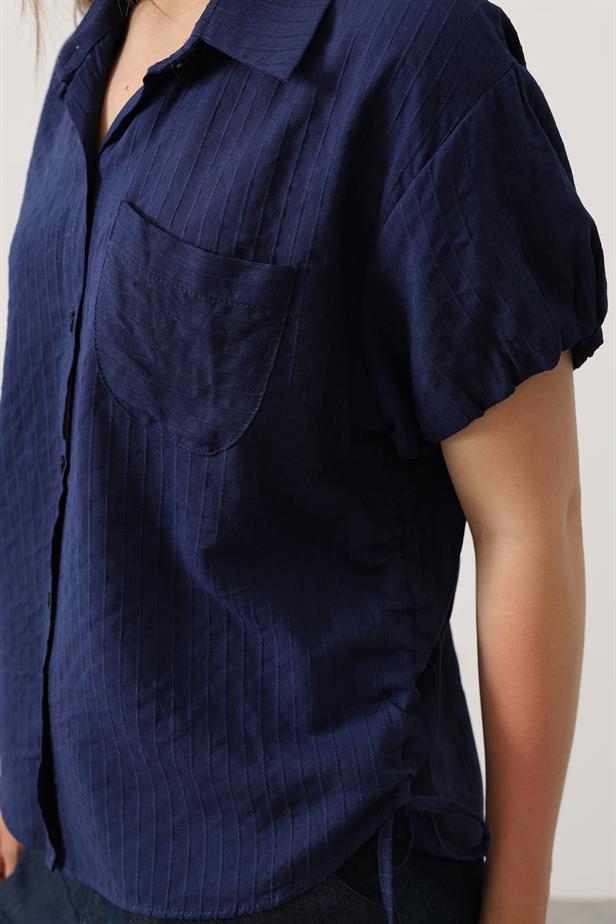 RYN Short Puff Sleeve Blouse with Shirred Sides - Navy Blue - Severna Park