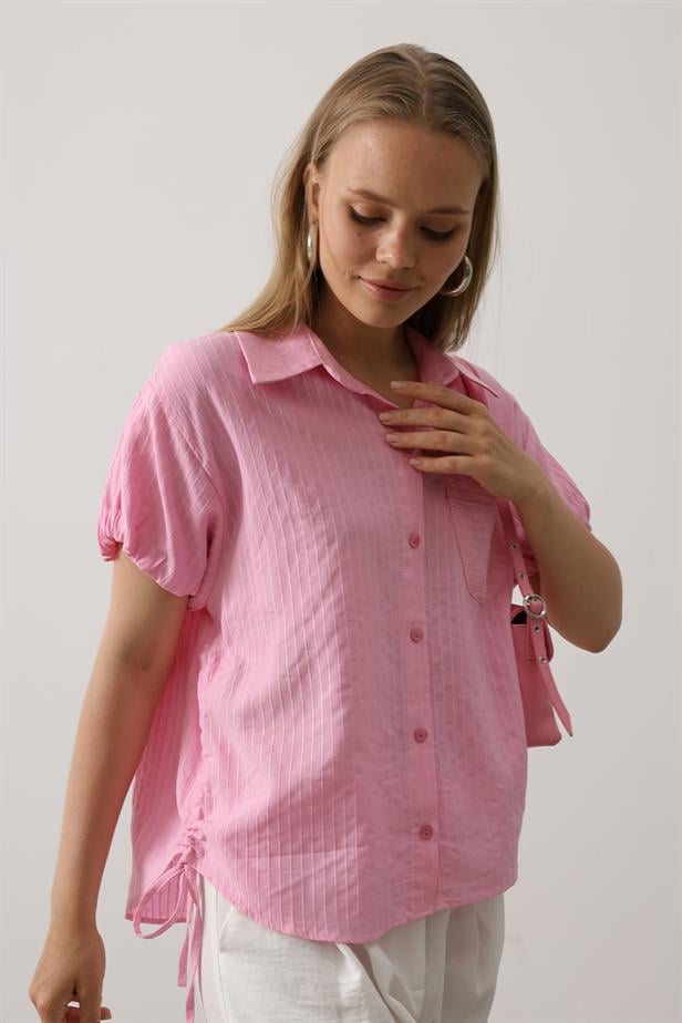 RYN Short Puff Sleeve Shirt with Shirred Sides - Pink - Land O Lakes
