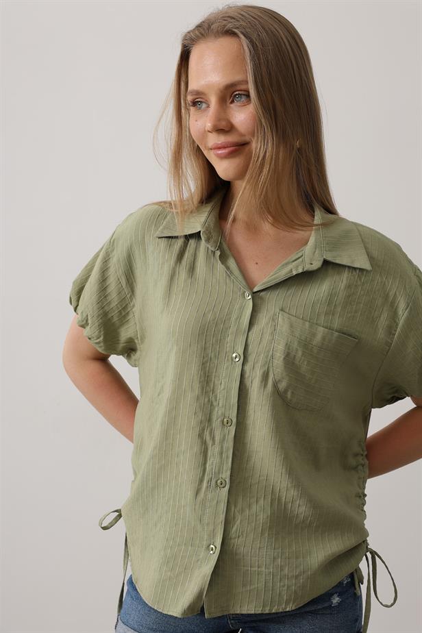 RYN Short Puff Sleeve Shirt with Shirred Sides - Khaki - Vila Verde