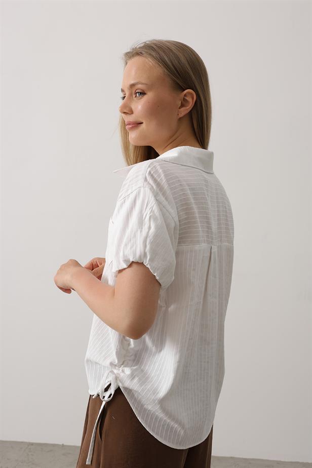 RYN Short Puff Sleeve Blouse with Shirred Sides - White - Auckland