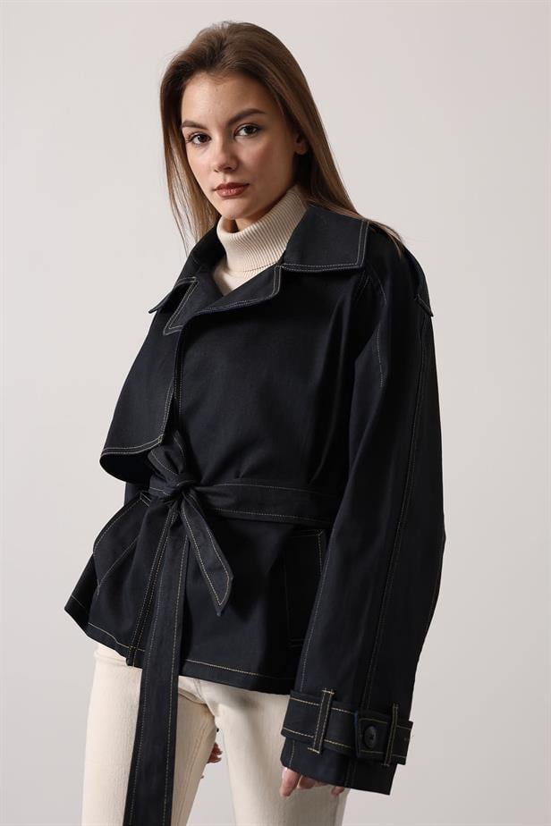 RYN YIKAMA EFEKTLİ BAĞLAMALI DENİM CEKET - Siyah - Nuevo Laredo