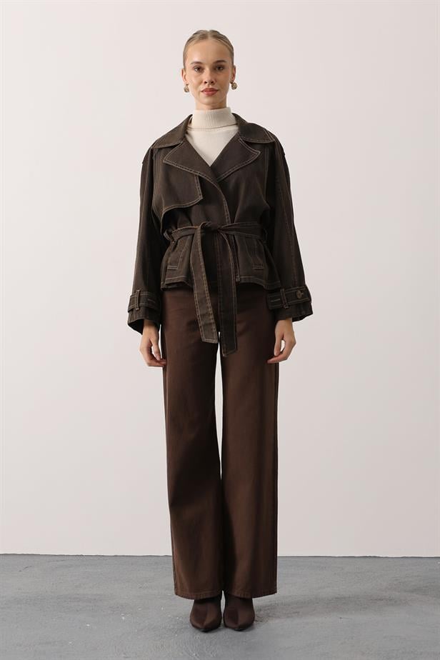 RYN YIKAMA EFEKTLİ BAĞLAMALI DENİM CEKET - Kahve - Mexicali