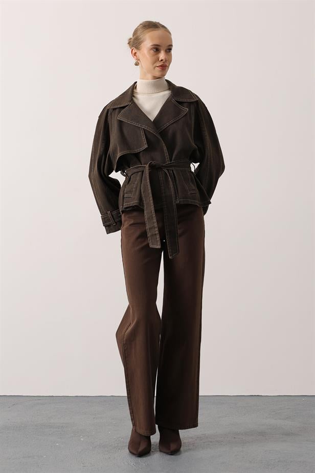 RYN YIKAMA EFEKTLİ BAĞLAMALI DENİM CEKET - Kahve - Mexicali