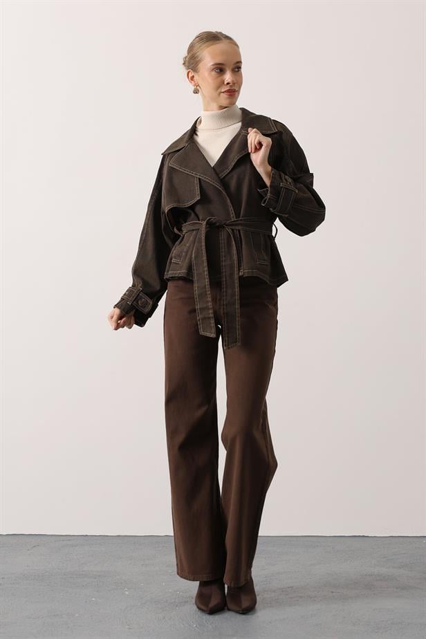 RYN YIKAMA EFEKTLİ BAĞLAMALI DENİM CEKET - Kahve - Mexicali