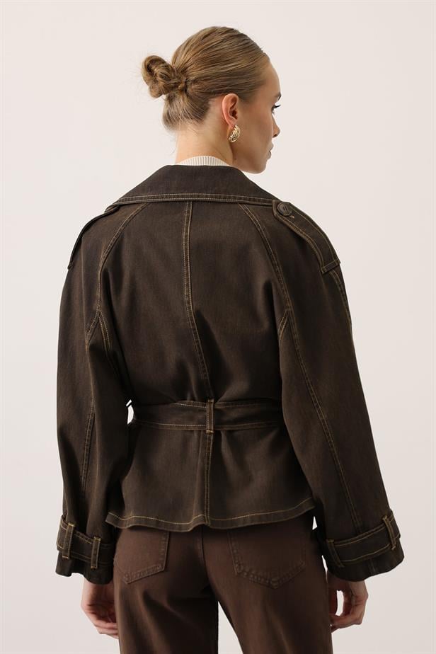 RYN YIKAMA EFEKTLİ BAĞLAMALI DENİM CEKET - Kahve - Mexicali