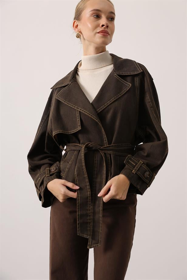 RYN YIKAMA EFEKTLİ BAĞLAMALI DENİM CEKET - Kahve - Mexicali