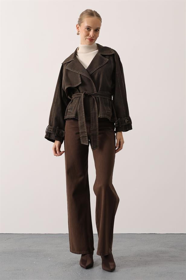 RYN YIKAMA EFEKTLİ BAĞLAMALI DENİM CEKET - Kahve - Mexicali