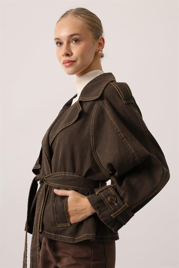 RYN YIKAMA EFEKTLİ BAĞLAMALI DENİM CEKET - Kahve - Mexicali