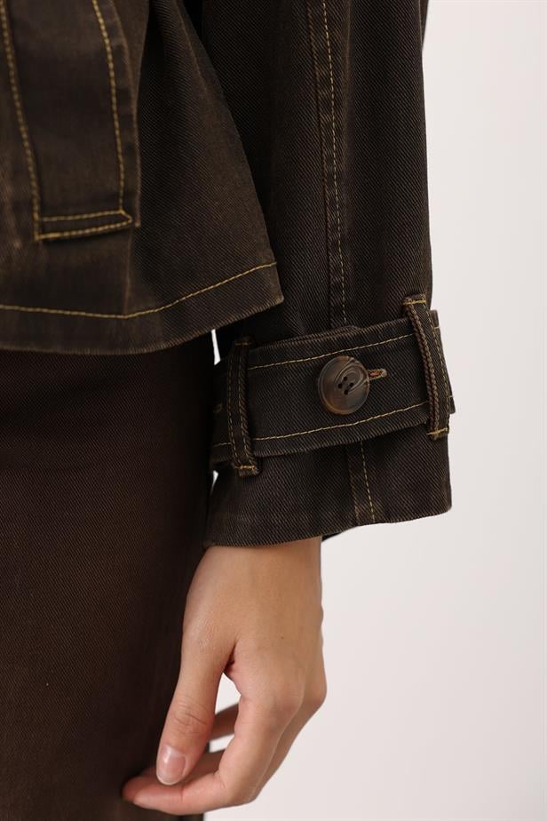 RYN YIKAMA EFEKTLİ BAĞLAMALI DENİM CEKET - Kahve - Mexicali