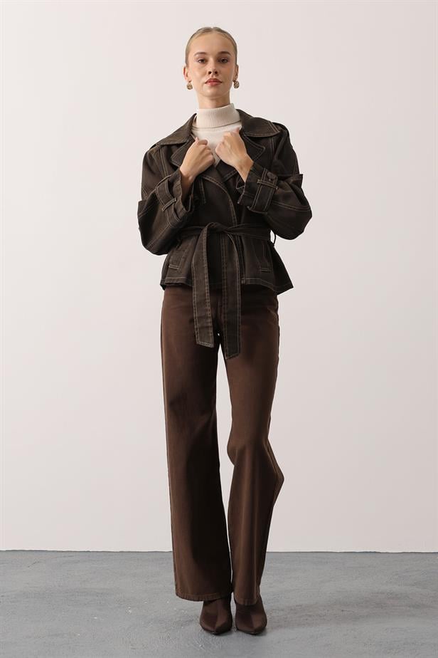 RYN YIKAMA EFEKTLİ BAĞLAMALI DENİM CEKET - Kahve - Mexicali