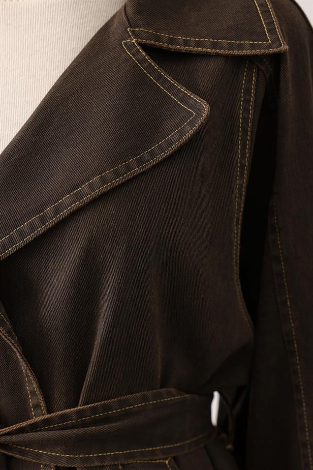 RYN YIKAMA EFEKTLİ BAĞLAMALI DENİM CEKET - Kahve - Mexicali