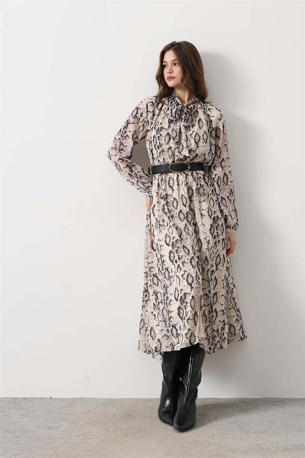 RYN Snake Pattern Long Collar Detailed Dress - Cream-Black - Dollard-des-Ormeaux
