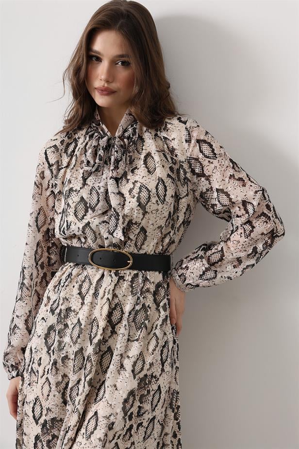 RYN Snake Pattern Long Collar Detailed Dress - Cream-Black - Dollard-des-Ormeaux