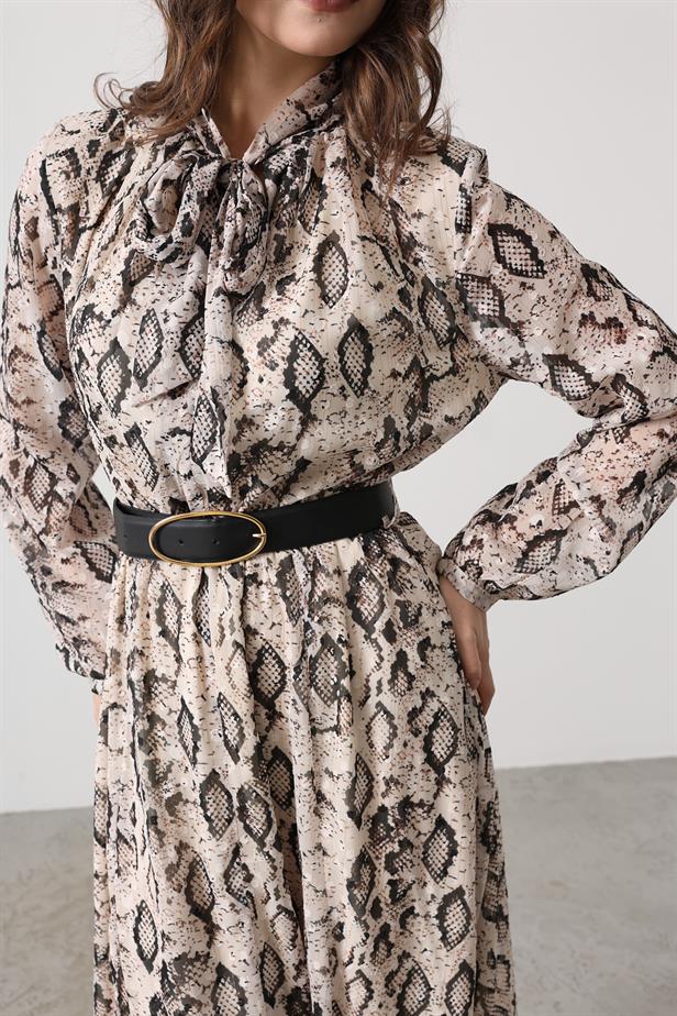 RYN Snake Pattern Long Collar Detailed Dress - Cream-Black - Dollard-des-Ormeaux
