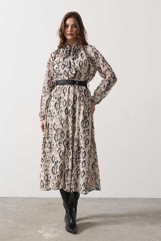 RYN Snake Pattern Long Collar Detailed Dress - Cream-Black - Dollard-des-Ormeaux