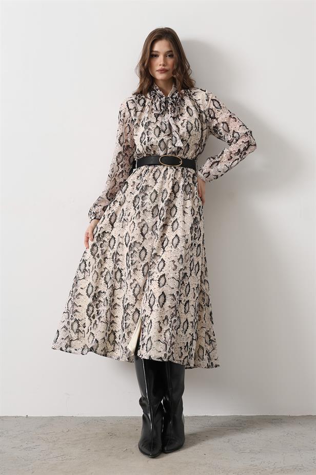 RYN Snake Pattern Long Collar Detailed Dress - Cream-Black - Dollard-des-Ormeaux