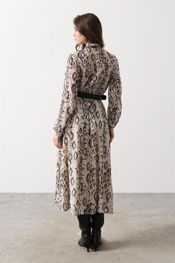 RYN Snake Pattern Long Collar Detailed Dress - Cream-Black - Dollard-des-Ormeaux