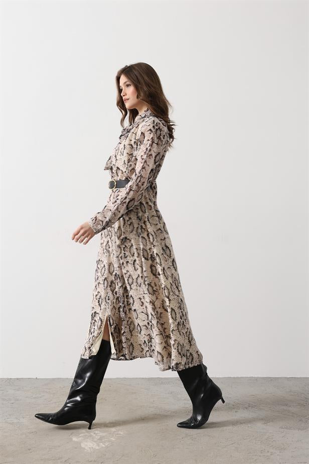 RYN Snake Pattern Long Collar Detailed Dress - Cream-Black - Dollard-des-Ormeaux