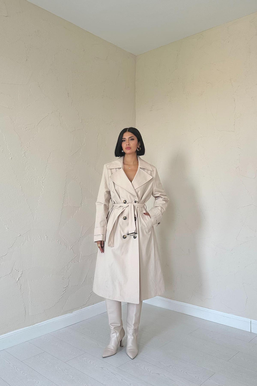 ELS Long Belted Trench Coat - Beige - Guasavito