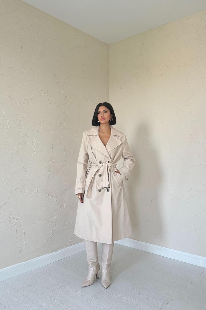 ELS Long Belted Trench Coat - Beige - Guasavito