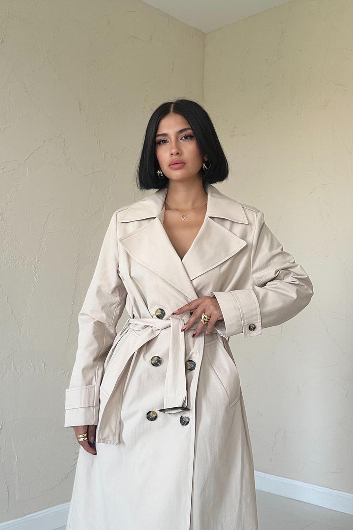 ELS Long Belted Trench Coat - Beige - Guasavito