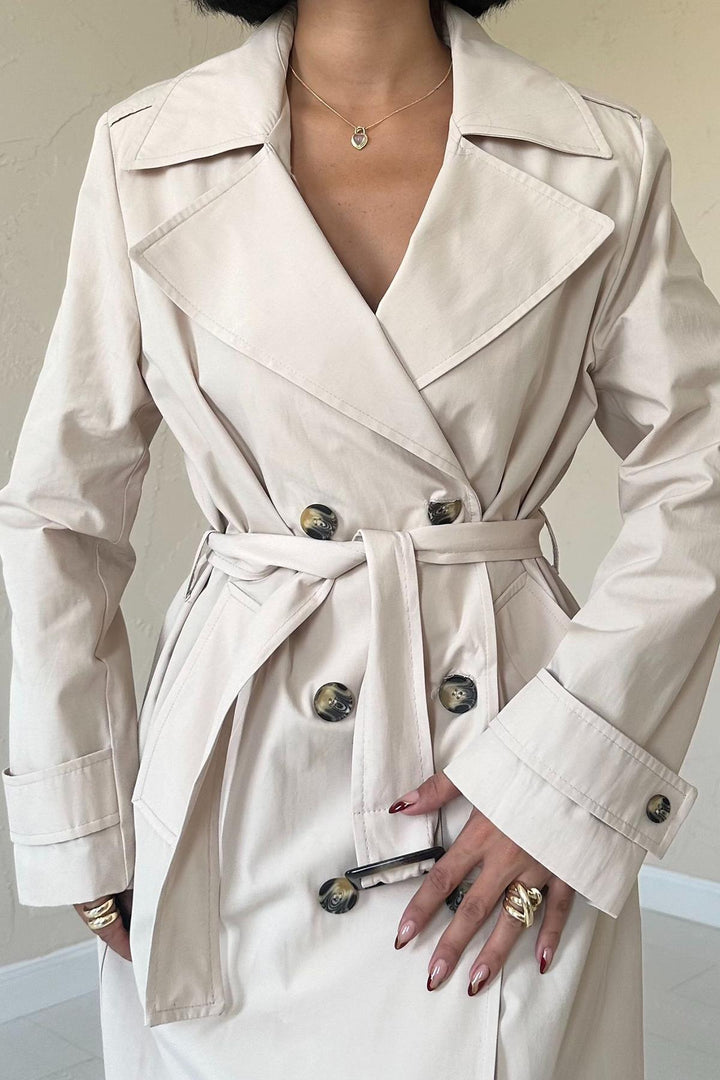 ELS Long Belted Trench Coat - Beige - Guasavito