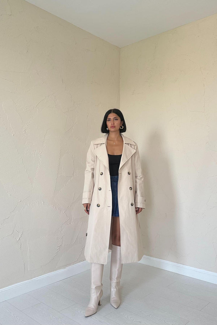 ELS Long Belted Trench Coat - Beige - Guasavito
