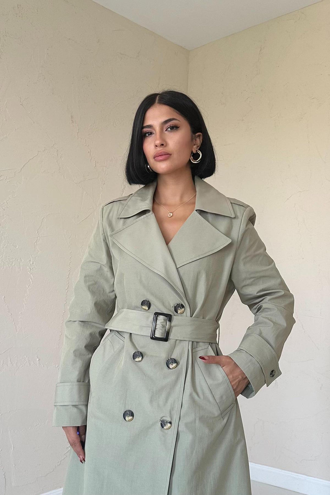 ELS Long Belted Trench Coat - Khaki - Ciudad Guzmán