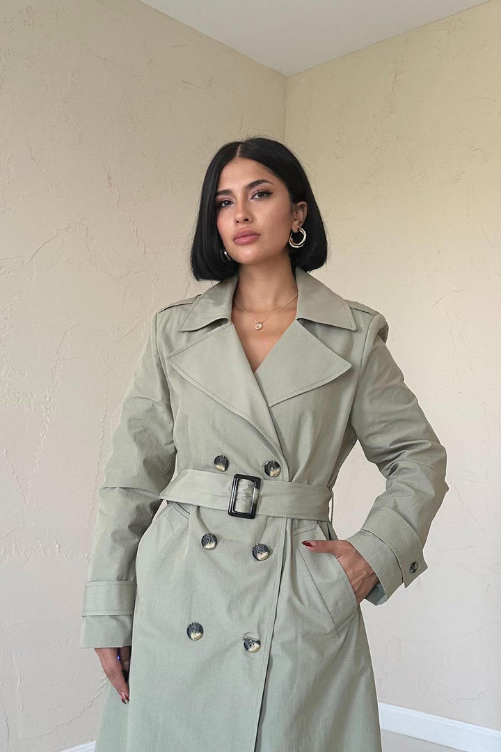 ELS Long Belted Trench Coat - Khaki - Ciudad Guzmán