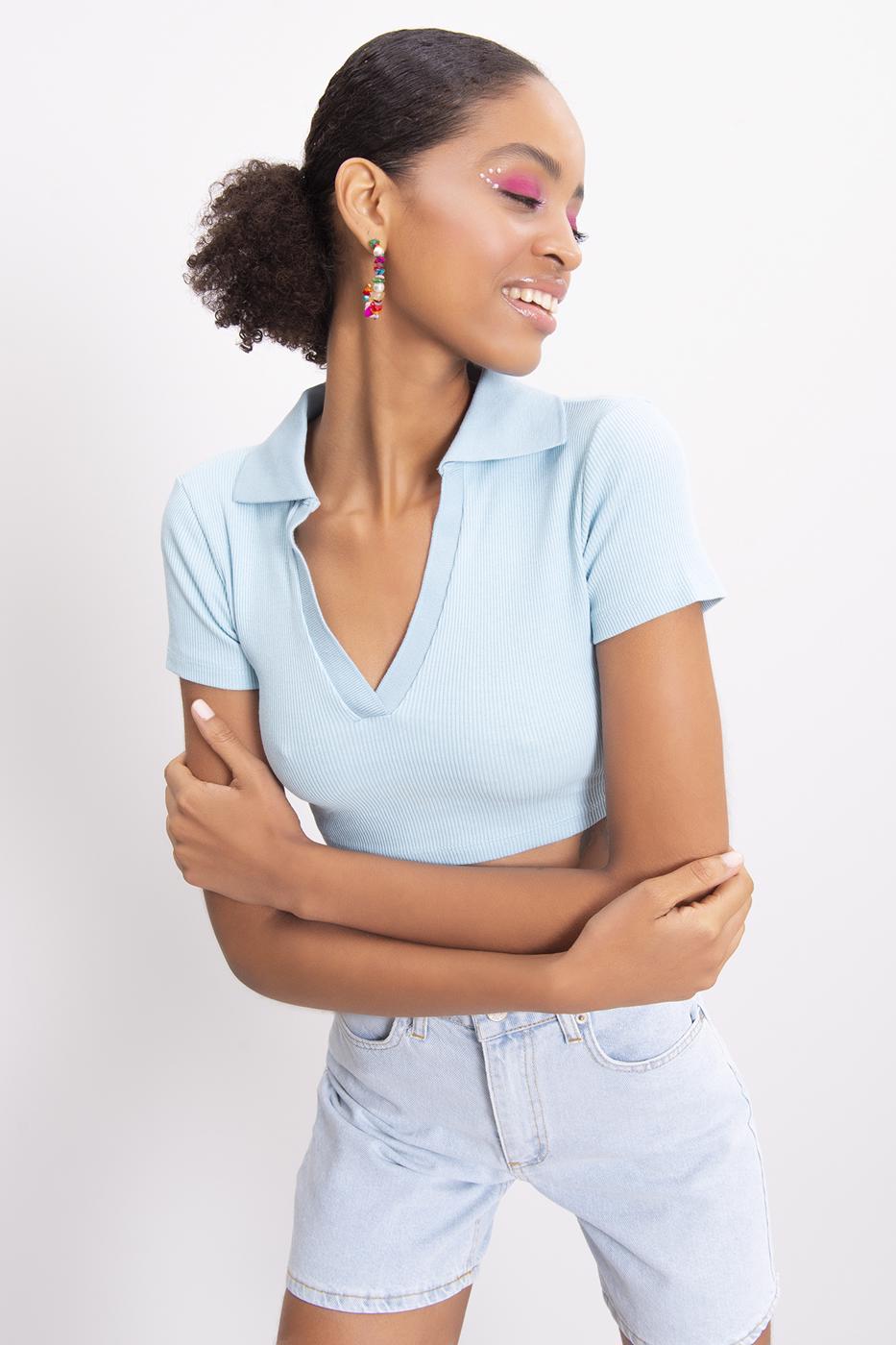 BSL Women V-Cut Short Sleeve Polo Neck Crop Body - Fairfield