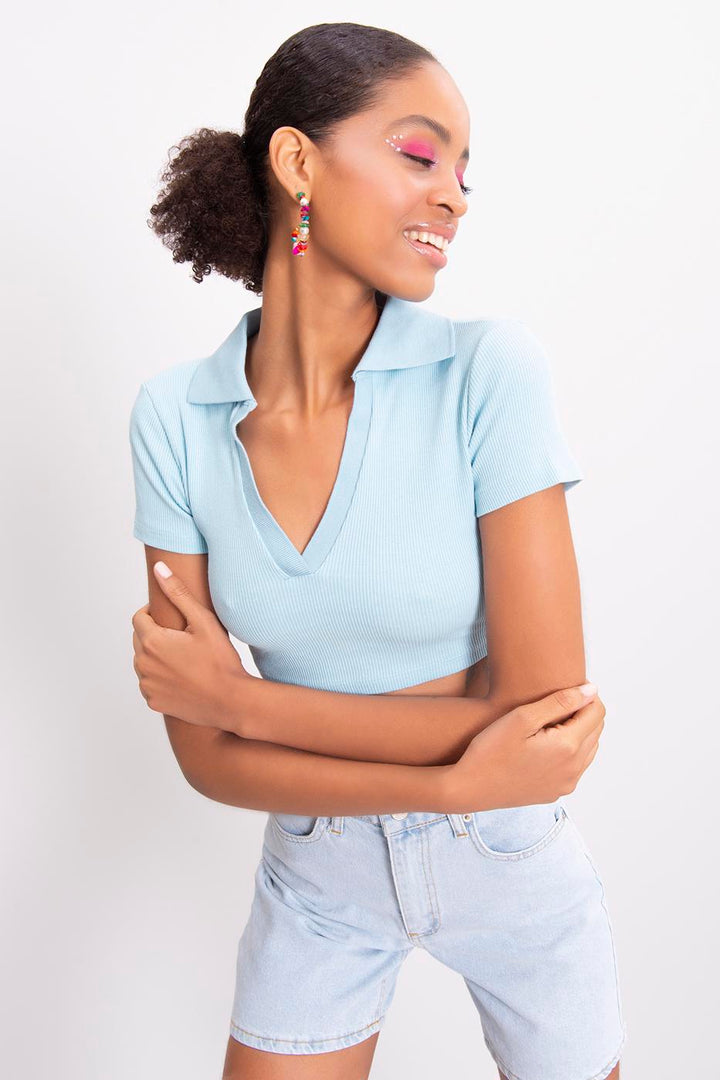 BSL Women V-Cut Short Sleeve Polo Neck Crop Body - Fairfield